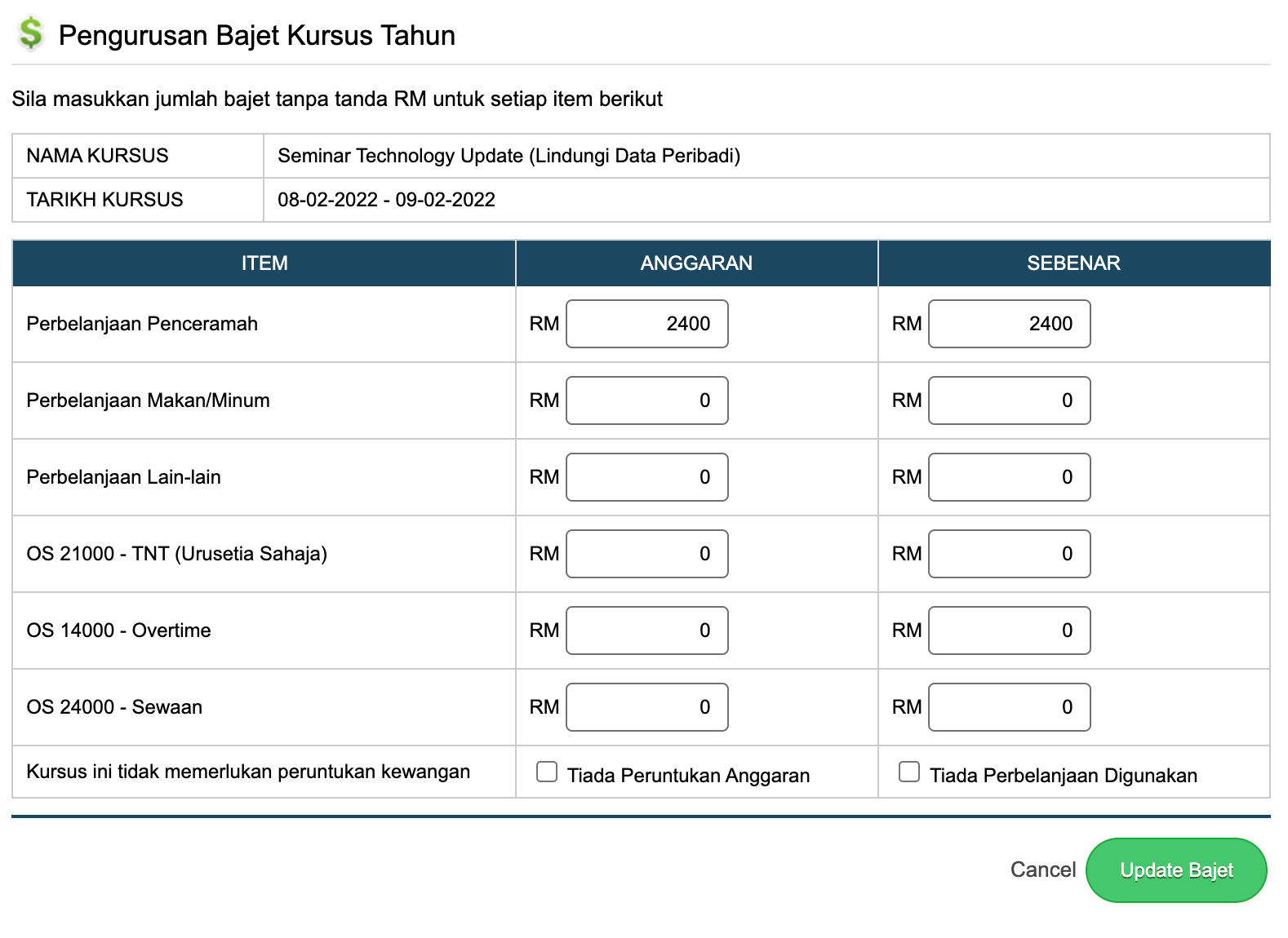 menu bajet